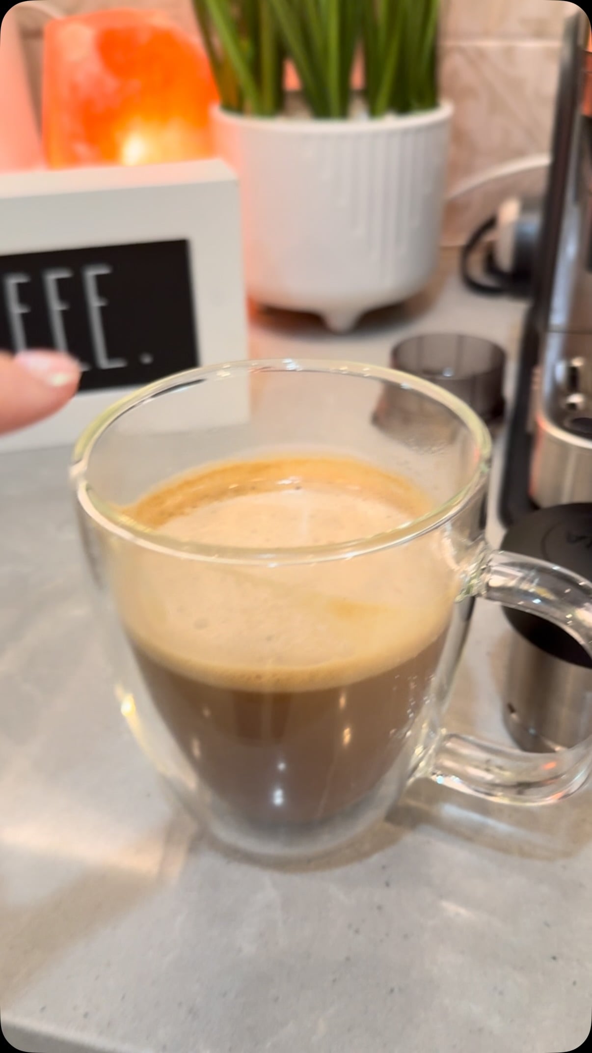 Real-life making coffee when you’re still learning! I made a mess 😂

Brownie coffee 

Double shot espresso
1/2 cup hot water 
5 oz coconut milk
1/2 tsp unsweetened baking coco (called for coco powder)
3/4 tsp maple syrup sugar (called for brown sugar)
1/4 tsp vanilla 

Froth… 2 TBLS half and half (called for heavy whipping cream)
1 TBLS coconut milk
1 tsp monk fruit sugar (called for powder sugar)
1 tsp baking coco (called for coco powder)

I’m avoiding refined sugar so I made substitutions and used the milk products I had available. The topper froth wasn’t as thick because it was missing some fat. #rookie #browniecoffee #reallifemess #hotcoffee
